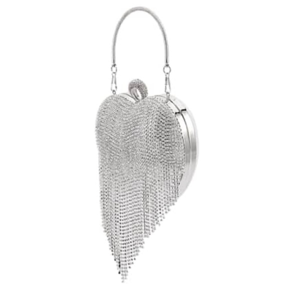 Heart Shape Austrian Crystal Clutch With Removable Shoulder Strap(Blk or silver) - Picture 2 of 16